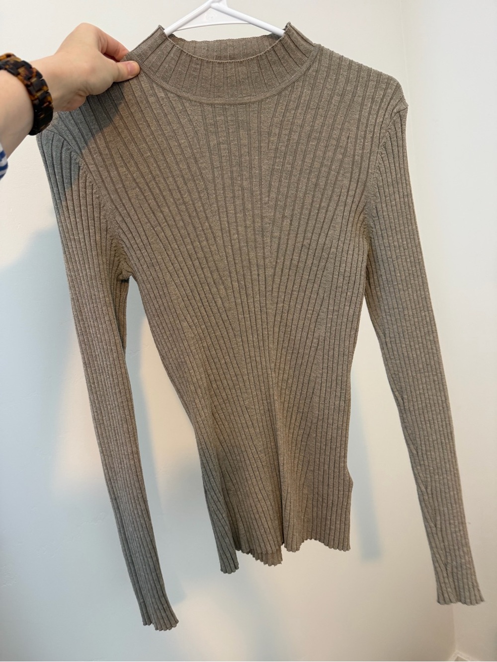 H&M Ribbed Long-Sleeve Mock Neck Sweater in Taupe